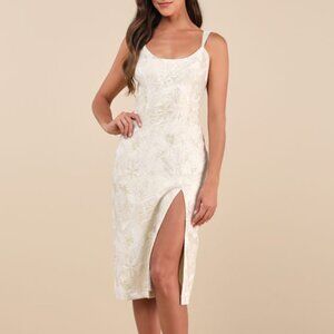 Lulu's Ivory Floral Midi Dress with Side Slit